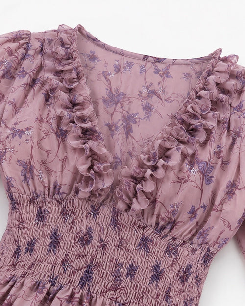 Women’s Mauve Floral Ruffle Smocked Peplum Blouse Size Small/4 - Sable & Red