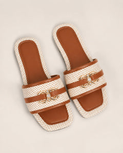 Women’s Tan & Cream Woven Square-Toe Slide Sandals Size 7 - Sable & Red