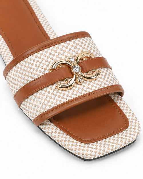Women’s Tan & Cream Woven Square-Toe Slide Sandals Size 7 - Sable & Red