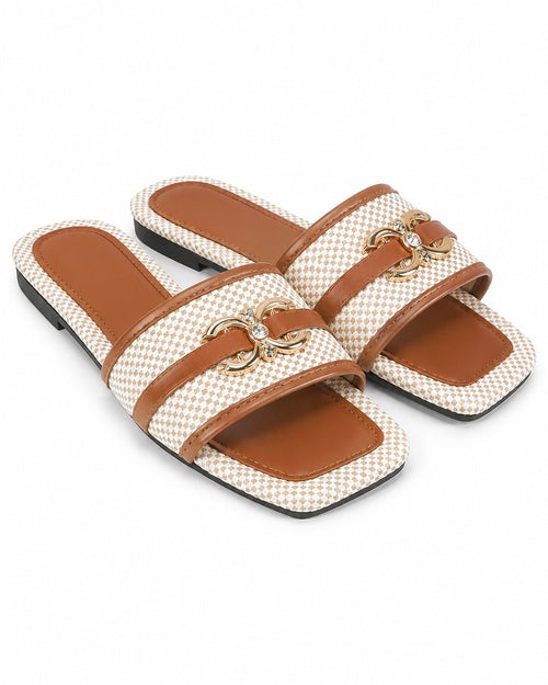Women’s Tan & Cream Woven Square-Toe Slide Sandals Size 7 - Sable & Red