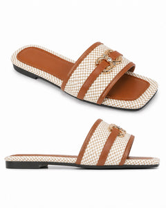 Women’s Tan & Cream Woven Square-Toe Slide Sandals Size 7 - Sable & Red
