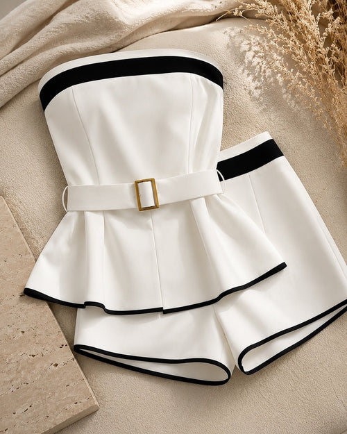 Women’s White & Black Strapless Peplum Shorts Set Size Small/4 - Sable & Red
