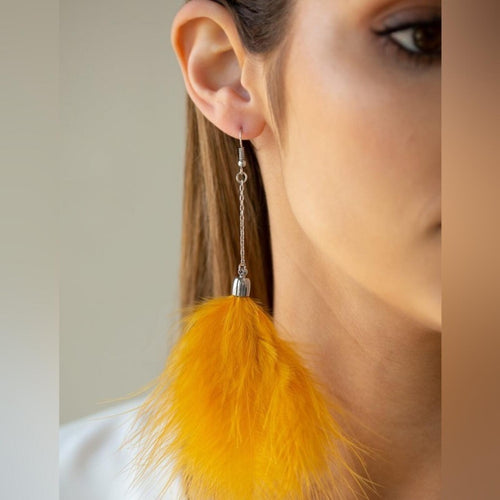 Yellow Feather Statement Earrings Drop Dangle Lightweight Fluffy Boho Trendy - Sable & Red