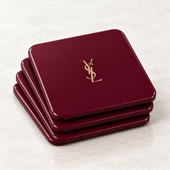 YSL Logo Coasters in Deep Burgundy and Gold - Set of 4 Glossy Coasters - Sable & Red