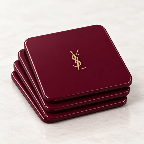 YSL Logo Coasters in Deep Burgundy and Gold - Set of 4 Glossy Coasters - Sable & Red