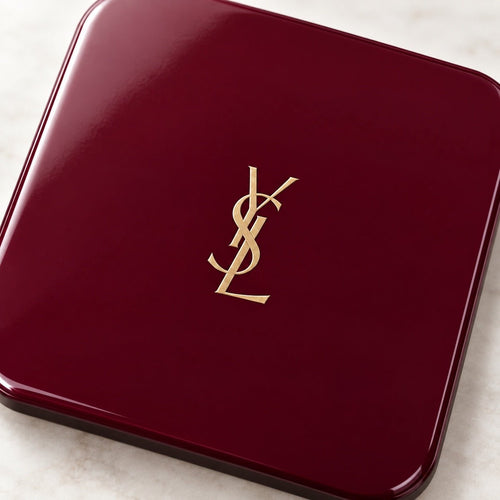 YSL Logo Coasters in Deep Burgundy and Gold - Set of 4 Glossy Coasters - Sable & Red