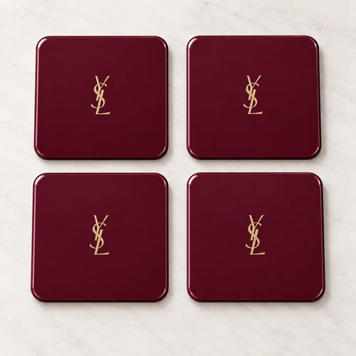 YSL Logo Coasters in Deep Burgundy and Gold - Set of 4 Glossy Coasters - Sable & Red