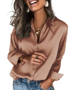 Zeagoo Satin Blouses for Women Silk Button Down Shirts Long Sleeve Tops - Sable & Red