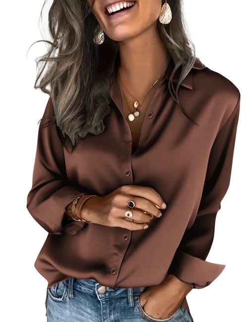 Zeagoo Satin Blouses for Women Silk Button Down Shirts Long Sleeve Tops - Sable & Red