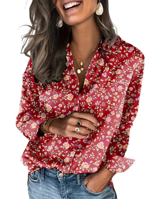 Zeagoo Satin Blouses for Women Silk Button Down Shirts Long Sleeve Tops - Sable & Red
