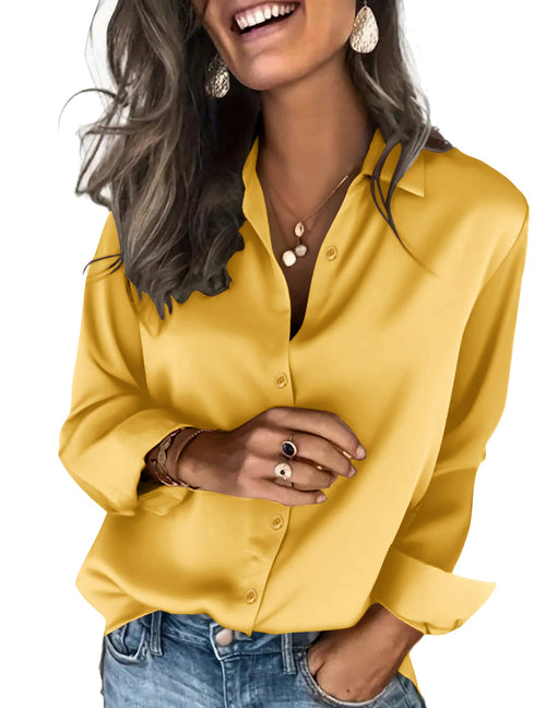 Zeagoo Satin Blouses for Women Silk Button Down Shirts Long Sleeve Tops - Sable & Red