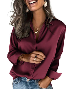 Zeagoo Satin Blouses for Women Silk Button Down Shirts Long Sleeve Tops - Sable & Red