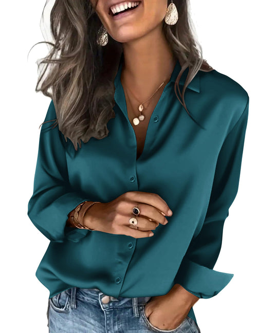 Zeagoo Satin Blouses for Women Silk Button Down Shirts Long Sleeve Tops - Sable & Red
